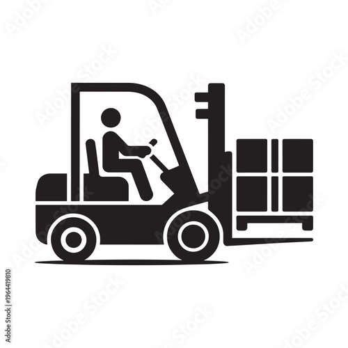 A simple black silhouette of a forklift transporting stacked boxes