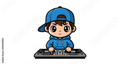 Boy wearing blue hoodie djing music.