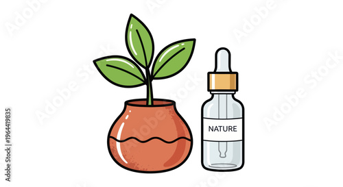 Small plant in a pot with bottle.