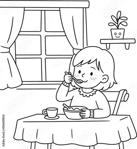 Cute girl eating breakfast at table near window cozy home scene line art illustration for kids coloring page