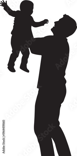Black silhouette, father and child, happy family, playful people, white background, vector illustration