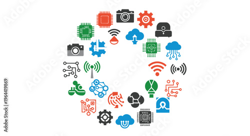 Technology icons in a circular pattern.