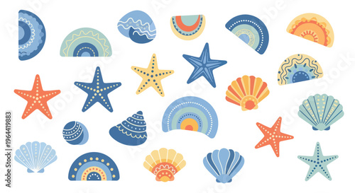 Colorful seashells and starfish collection.