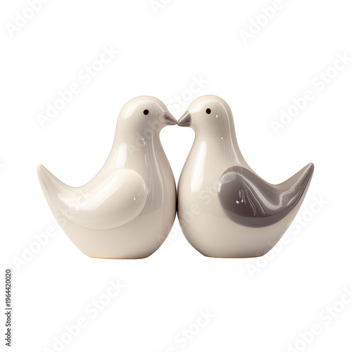 Two ceramic birds facing each other forming a heart isolated on transparent background