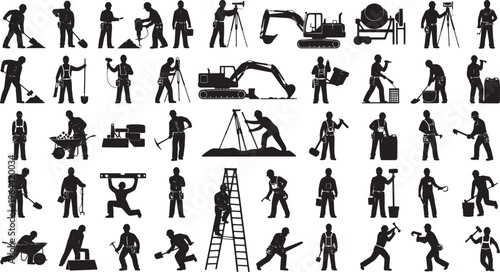 Dynamic silhouettes showcasing a comprehensive array of manual labor and construction industry professionals engaged in various essential tasks, representing a broad spectrum of occupations and trades