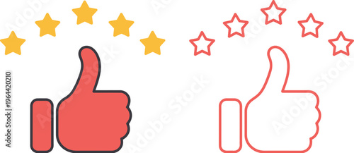 Red thumbs up icon and gold five star rating, customer feedback premium quality review symbol for top service approval recommendation ranking design.