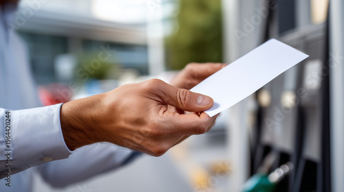 Close-up of a blank thermal paper receipt held by a hand (faceless) next to a fuel pump, sharp focus on the paper texture and the clean edges, Transparency concept, bright natural