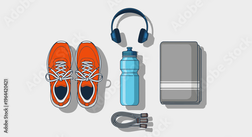 Fitness gear laid out for a workout session with shoes headphones and water bottle