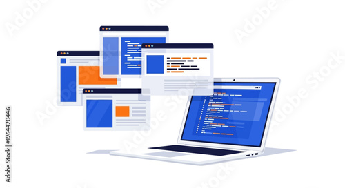 Floating screens and a laptop on a white background with coding interface