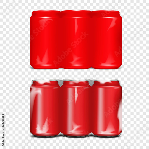 Blank aluminum can three in row multi-pack packaging. Realistic vector mockup. Opaque and transparent shrink film wrap soda or beer package. Template. Multipack plastic sleeve drink wrapping. Mock-up