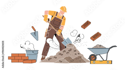 Construction Site Illustration: A determined construction worker skillfully mixes cement with a shovel on a bustling construction site. The image shows the essence of building process
