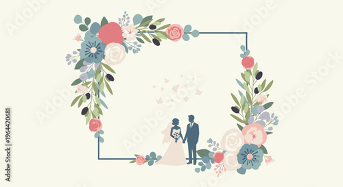 A romantic wedding scene with a couple surrounded by a floral wreath indoors.