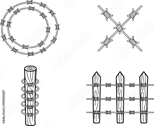 Barbed wire fence circular cross wooden post and picket fence security boundary
