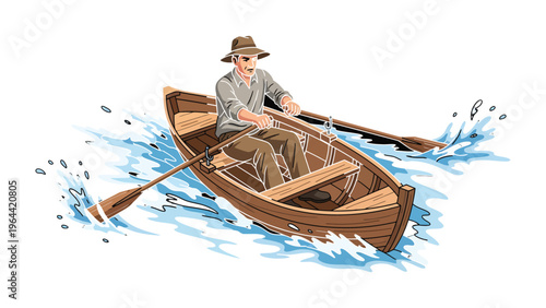 The Rowing Fisherman's Day: A lone figure, rowing a wooden boat, navigates the water, the essence of patience and the promise of a bountiful catch.