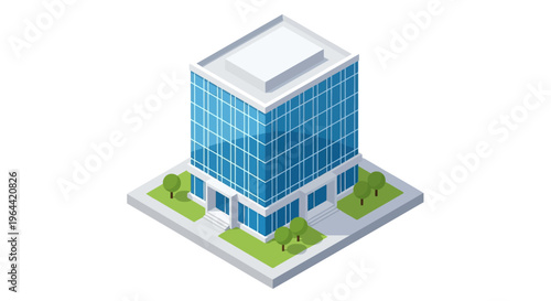 Isometric 3D illustration of a modern blue glass office building with green lawn and trees on a white background.