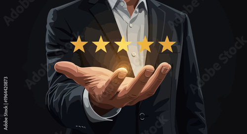 Close-up of a businessman holding glowing golden stars in his hand against a dark background