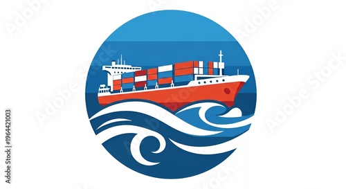 Cargo Ship Navigating Ocean Waves in Circular Illustration with Blue and Red Colors