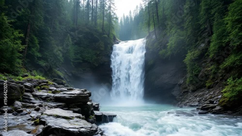 Powerful wide waterfall plunging into blue pool surrounded by rocks and tall evergreen trees, mist rising in the forest, concept of purity and nature’s strength