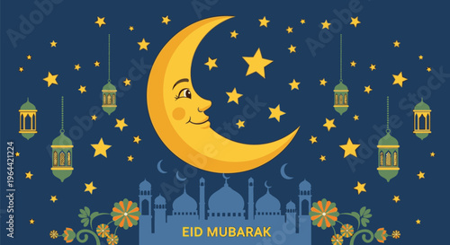 A smiling crescent moon shines brightly in a night sky filled with stars and lanterns above a mosque on Eid Mubarak.