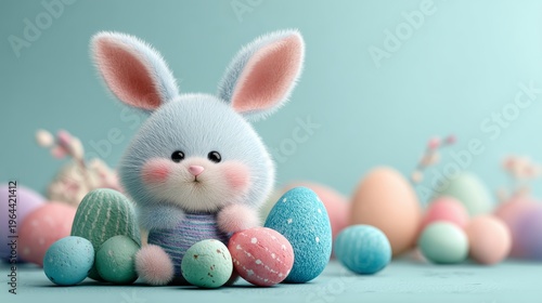 Cute bunny sits among colorful Easter eggs on a flat surface during spring season celebration