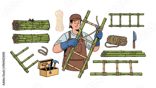 Crafting with Bamboo: A craftsman meticulously constructs a ladder using sustainable bamboo, surrounded by tools and materials, illustrating craftsmanship and eco-friendly construction.