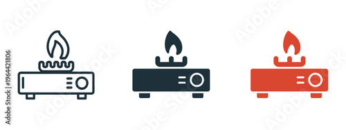 Portable gas stove icon outline solid color styles, modern minimal vector symbol for kitchen cooking burner fire camping equipment outdoor appliance isolated on white background.