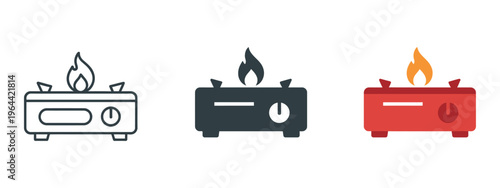 Portable gas stove icon outline solid color styles, modern minimal vector symbol for kitchen cooking burner fire camping equipment outdoor appliance isolated on white background.