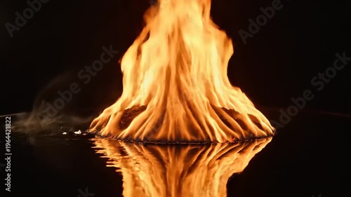 Fire burning on water surface reflection.