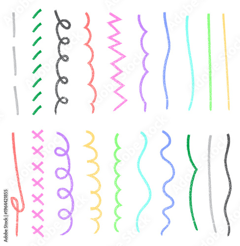 クレヨンやパステルで描いたような手描き風カラフルラインと装飾線のバリエーションセット（ラフで可愛いデザイン素材）