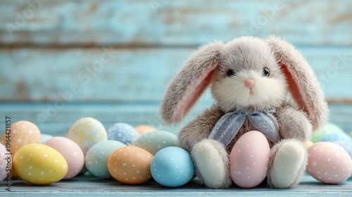 A cute bunny sits with colorful Easter eggs on a blue wooden surface during springtime celebrations in a cozy indoor setting