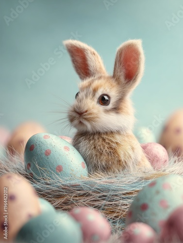 Cute bunny sitting among colorful easter eggs in a nest during springtime
