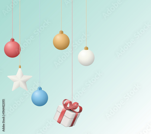 パステル調の背景に吊るされたカラフルなクリスマスオーナメントとリボン付きギフトボックスが浮かぶ立体的で可愛いホリデーシーズン装飾イラスト