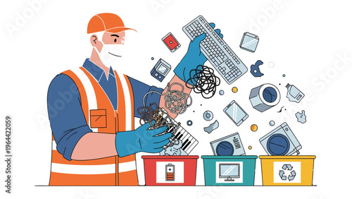 Recycling Enthusiast: An eco-conscious individual diligently sorts electronic waste into designated recycling bins. The scene captures the importance of responsible disposal.