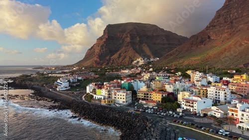 Wallpaper Mural Aerial view of the colorful coastal village Vueltas, Gomera, Canary Islands, Spain. Small harbor and town on the shore of the Atlantic Ocean in Vueltas village, Gomera, Canary Islands, Spain Torontodigital.ca