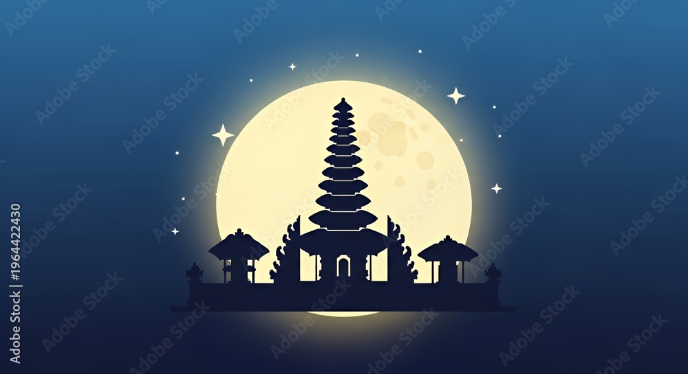 Obraz premium Silhouette of Traditional Pagoda with Full Moon and Stars in Night Sky