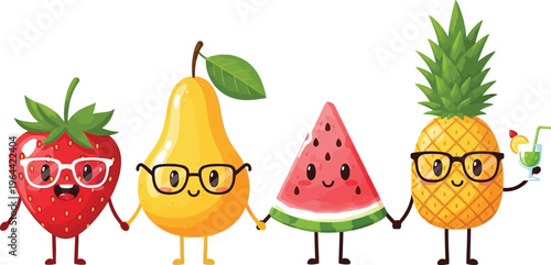 Four anthropomorphic fruits holding hands in a cheerful lineup