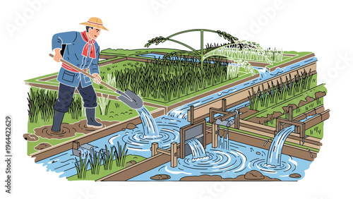 Irrigation illustration: Depicting a farmer engaged in irrigation, overseeing the channels and water flow in a verdant field. a scene representing agricultural activity.