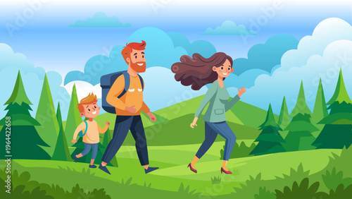 forest, summer, nature, family, father, mother, daughter, son, trees, grass, mountains, sky, clouds, bushes, joy, fun, rest, vector graphics, panoramic view, banner, positive, children's