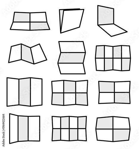 多様な折りたたみパンフレットと地図の展開パターンを網羅したシンプル線画アイコンセット・冊子レイアウト設計素材