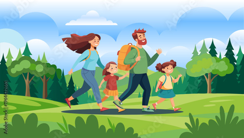 forest, summer, nature, family, father, mother, daughter, son, trees, grass, mountains, sky, clouds, bushes, joy, fun, rest, vector graphics, panoramic view, banner, positive, children's