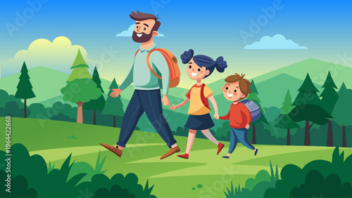 forest, summer, nature, family, father, mother, daughter, son, trees, grass, mountains, sky, clouds, bushes, joy, fun, rest, vector graphics, panoramic view, banner, positive, children's