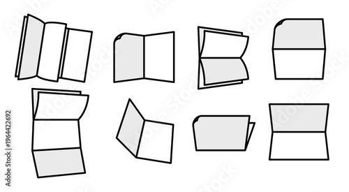 角丸や重なりを含む折りたたみ冊子とフライヤーの多彩なバリエーションを表現したシンプル線画アイコン集