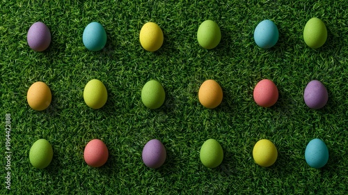 Colorful eggs arranged on green grass for a spring celebration in a sunny backyard