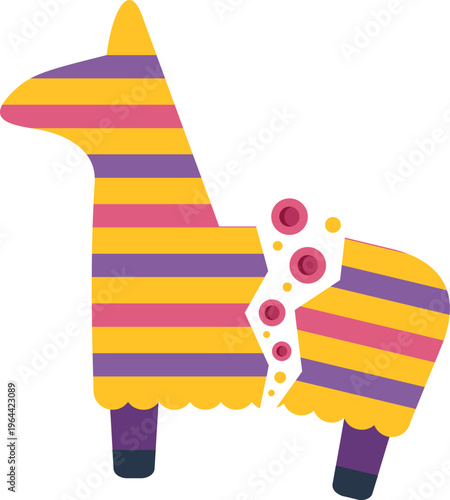 Bright festive striped llama pinata breaking open and releasing colorful candy pieces