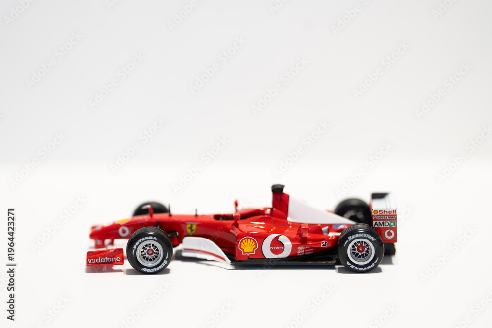 Obraz premium Bucharest Romania 29 march 2026.Detailed scale model of a 2002 Ferrari Formula 1 race car, inspired by the legendary Scuderia Ferrari design.