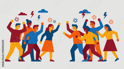 Illustration of two opposing groups of diverse people in a heated conflict or argument, with symbols of anger and disagreement.