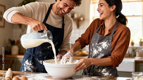 A couple enjoys baking in their warm kitchen, sharing laughter while mixing ingredients together. Flour dusts their clothes as they create a delicious treat.