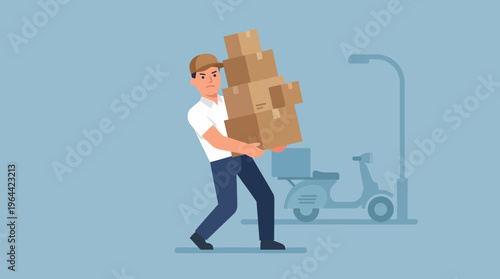 A delivery man struggling to carry a tall stack of cardboard packages, with a scooter in the background, illustrating parcel delivery service.