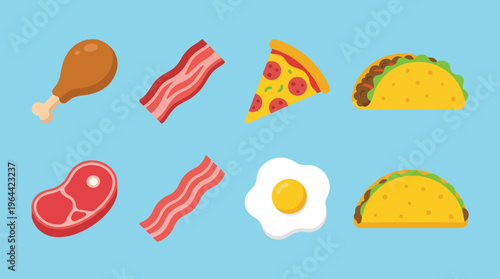 A collection of popular cartoon-style food items including chicken, bacon, pizza, tacos, steak, and a fried egg on a light blue background.