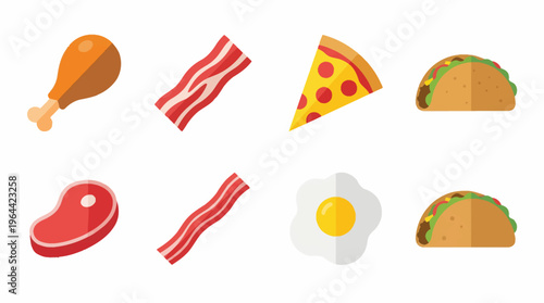 A collection of various popular food items including chicken, bacon, pizza, tacos, steak, and a fried egg, presented as flat vector icons.